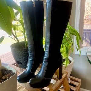 ♥️ BCBGMaxAzria. Black, ALL leather & Suede Tall  Heeled Boots w/ Gold piping♥️